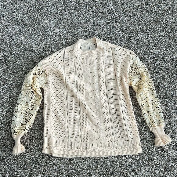Boho Cream Yellow Fall Crocheted Lace Turtleneck Sweater medium - Picture 9 of 13